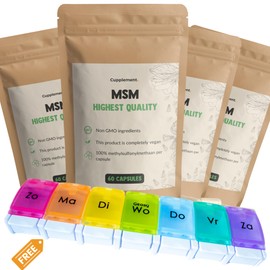 Cupplement - 4 Bags of MSM Capsules 60 Pieces - Free Pill Box - MSM Preparations - No Powder, 1000 mg, Gel or Tablets - Pure - Powder - Dietary Supplement - Superfood - Anti Ageing - Msmpowder