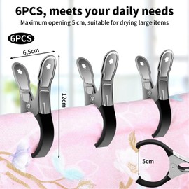Pack of 6 Towel Clips for Beach Loungers, Large Clothes Pegs, Stainless Steel, Towel Clips with Protective Cover, Metal Beach Towel Clips for Laundry, Beach Towel and Thick Clothes