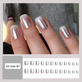 Vopintpy Silver White Gradient Press on Nails Short Square Mirror Fake Nails Artificial Acrylic Glue on Nails Reusable Full Cover Stick on Nails for Women DIY Charm Manicure