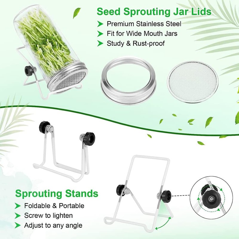 Nudiuhis Germination Kit, Stainless Steel Germination Jar Lid, Stand for
