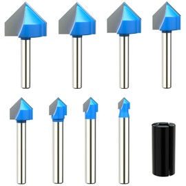 Dlantool 1/4 Inch Shank 90 Degree V Groove Router Bit 8 Pcs Double Flute Engraving Bit Carbide Tipped Woodworking Chamfer Bevel Tool- 1/4", 5/16", 3/8", 1/2", 5/8", 3/4", 7/8", 1" Cutting Diameter