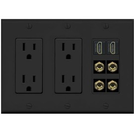 RiteAV 2 Speaker 4 Banana Binding Post Wall Plate with 2 HDMI Jacks - 3 Gang 2 Outlet [Black/Black]
