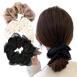 Organza Hair Scrunchie Large Hair Elastics for Women Girls Solid Color Hair Ponytail Holders for Women Big Hair Bobbles for Long Thick Hair Rubber Bands for Girls 3 Pcs