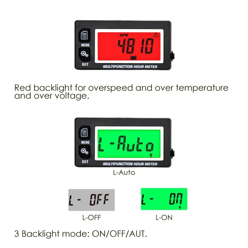NInE-ROnG Backlight LCD Digital Operating Hour Meter Tachometer Engine Thermometer