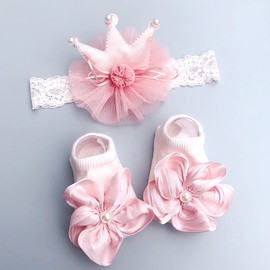 2pcs Baby Girl Lovely Socks with Headband Set Newborn Flower Bowknot Crown Lace Headwear + Princess Cotton Socks Set Christening Ceremony Shoes Anti-Slip Soft Sole Gift for Baby Girl 1-3 Years Old