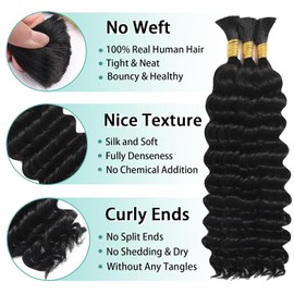 Human Braiding Hair for Boho Braids Human 110g 20 Inch Curly Boho Hair for Braiding Knotless 12A Deep Wave Bulk Bohemian 3 Bundles/Pack Natural Color