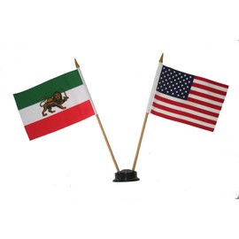 USA & IRAN PERSIAN LION Small 4 X 6 Inch Mini Double Country Stick Flag Banner with BLACK STAND on a 10 Inch Plastic Pole .. New