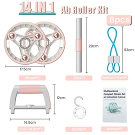 Ab Roller Wheel 14-in-1 Core Exercise Equipment, Multi-Functional Ab Wheel Roller with Push-Up Bars, Resistance Band & Dumbbell Setup for Home Gym, Portable Abdominal Workout Kit for Full Body Fitness(Pink)