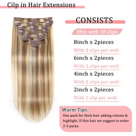 Clip in Hair Extensions Real Human Hair Clip in Extensions for Women Seamless Balayage Light Blonde to Golden Blonde Straight Remy 100% Human Clips ins Extension 8pcs Double Weft 20 inch 3.7oz/105g