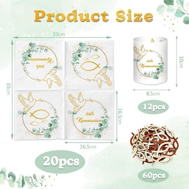 Pack of 20 Napkins Communion + 12 Lantern Table Decorations + 60 Wooden Fish Scatter Decoration, Communion Decoration Boy Girl Eucalyptus Green, First Communion Gifts Guest Gifts, Wooden Fish