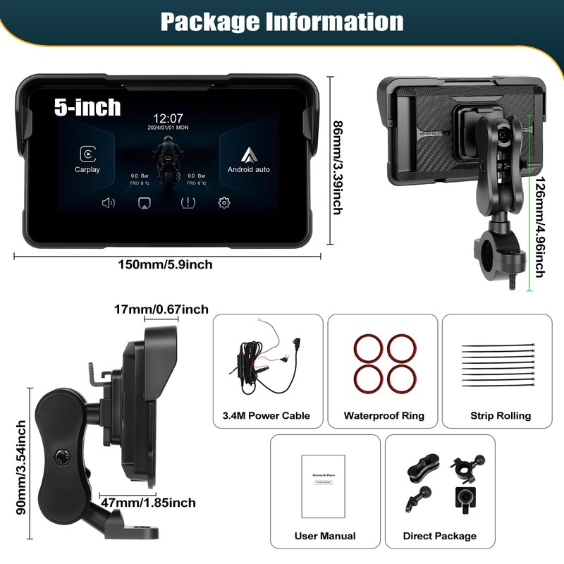 CAMECHO Motorcycle Carplay Navigation Screen with Wireless Carplay Android Car