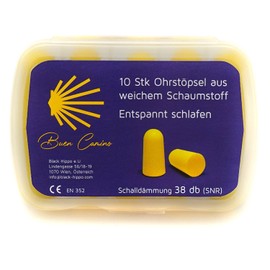 Buen Camino Pack of 10 Ear Plugs | Sleep Quiet on the Way of St. James, Yellow, Soft, Foam Plugs, High Noise Cancellation (38DB), Transport Box, Earplugs, Noise Protection, Snoring