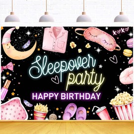 Sleepover Party Backdrop Movie Night Slumber Birthday Party Banner Black Pink Slumber Party Backdrop Pajama Pillow Fight Girls Party Decor Spa Makeup Party Banner (Black, 7x5feet)