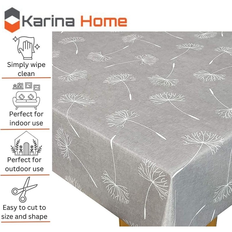 Karina Home Megan Wipe Clean Tablecloth Vinyl PVC (Grey, 140cm