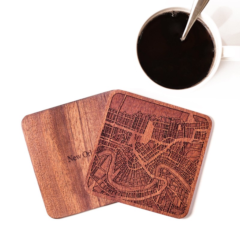 New Orleans Map, Sapele Wood Coasters, Set of 4, City
