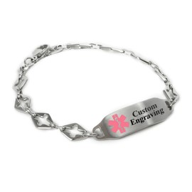 My Identity Doctor - Ladies Medical Alert Bracelet with Engraving - 316L 6mm Steel Cross - Pink - Wrist Size 7.75 Inch