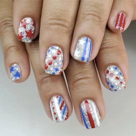 Independence Day Press on Nails Short Square Fake Nails Red Blue Stripe Star Acrylic Nail USA 4th of July Glue on Nail for Women DIY Patriotic Manicure