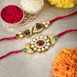 Aheli Indian Traditional Elegant Kundan Stone Rakhi For Brother Men Boys Combo Set With Raksha Bandhan Greeting Card (R26C03)