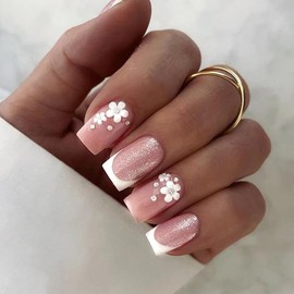 24Pcs White French Tips Press on Nails Short Square Fake Nails with 3D Flower Rhinestone Design Nude Color Glitter False Nails Glossy Full Cover Acrylic Nails for Women Daily Wear Manicure Decoration