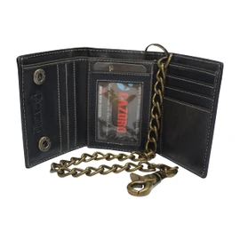 CAZORO RFID Blocking Men's Tri-fold Vintage Biker Vintage Buffalo Leather Steel Chain Wallet Snap closure (Black)