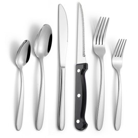 24 Piece Heavy Duty Stainless Steel Silverware Set with Steak Knives for 4, Mirror Polished Flatware Set Cutlery Utensils Tableware Set for Home Kitchen, Fork Knife Spoon Set, Dishwasher Safe