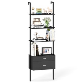 Tangkula Ladder Bookshelf with Storage, Wall Mount Storage Bookcase with 4 Open Shelves & 2 Drawers, Modern Display Rack Plant Stand for Home Office, Living Room, Study (1, Black)