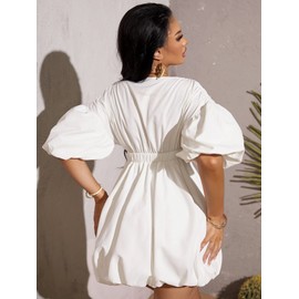 WDIRARA Women's Deep V Neck Puff Sleeve High Rise Flare Dress Elastic Waist Dress White L