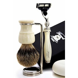 Haryali London Razor with 3 Blades Silver Tip Badger Hair Brush Bowl Stand Soap Perfect Shaving Set for Men