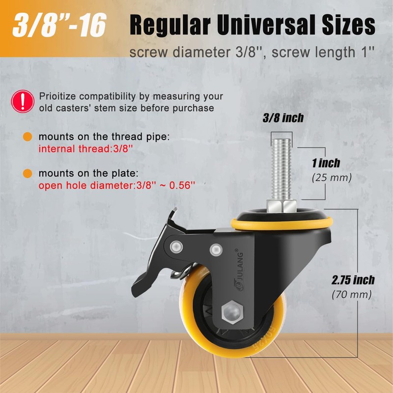 JULANG 3/8 Caster Wheels Threaded Stem 2 inch, Stem Mount