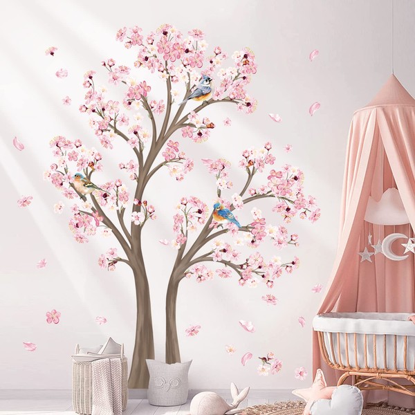 decalmile Large Cherry Blossom Tree Wall Decals Pink Flower Tree Branch Wall Stickers Living Room Bedroom Baby Nursery Wall Decor