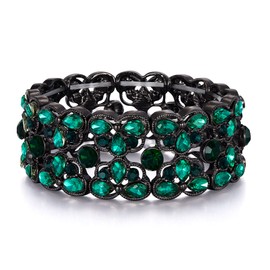 Flyonce Bridal Bracelet for Wedding Brides Bridesmaids, Green Rhinestone Crystal Floral Leaf Stretch Bracelets for Women