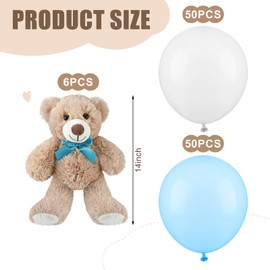 Jenaai 6 Pcs Bears Stuffed Animal with 100 Pcs Balloons Latex Balloons, 14 Inch Bear Plush 12 Inch Balloons for Birthday Baby Shower Wedding Engagement Christmas Party Decor (White, Blue)