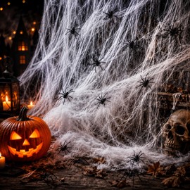 Mepham Halloween Decorations, Spider Web Decorations, 60g Stretchable Cobwebs with 30 Plastic Spiders, Up to 300 Sq Ft, Indoor Outdoor Halloween Party Decorations for Home, Porch, Door and Window