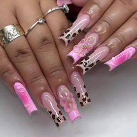IMSOHOT Square Press on Nails Long Length Fake Nails with Leopard Print & 3D Flower Designs Pink French Tip False Nails Full Cover Stick on Nails for Women Girls Manicure Kit