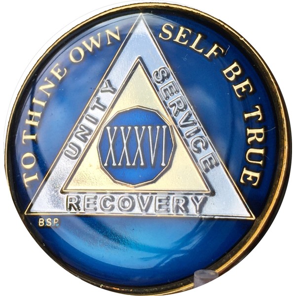 Bright Star Press 36 Year Midnight Blue AA Alcoholics Anonymous Medallion Chip Tri Plate Gold & Nickel Plated