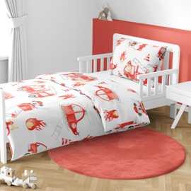 MTOnlinehandel Baby Bed Linen 100 x 135 cm Set - 2-Piece with Pillowcase 40 x 60 cm - Children's Bed Linen Little Hero Animals - Cotton - Fire Brigade & Fire Engine Motif - Oeko-Tex Certified