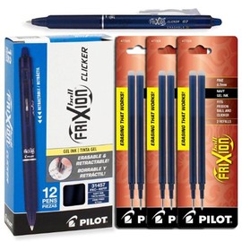 Pilot FriXion Clicker Retractable Gel Ink Pens, Eraseable, Fine Point 0.7mm, Navy Blue Ink, Pack of 12 with Bonus Packs of Refills