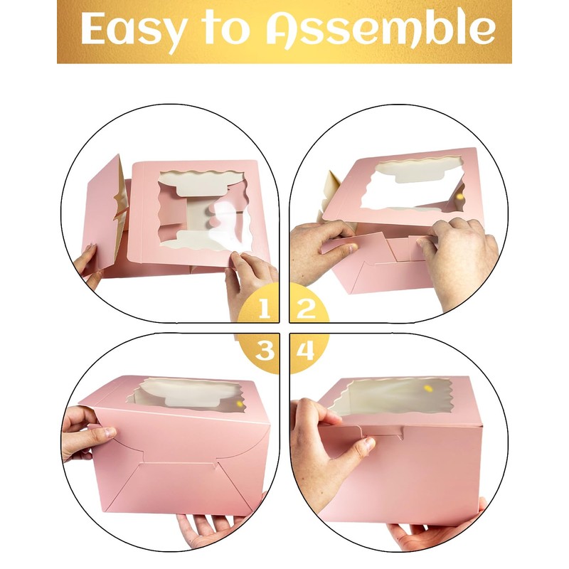 qiqee 10x10x5 Cake Box, 4 Sets Pink Cake Box with