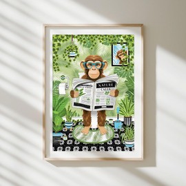 Parmaro Monkey Reading Newspaper Bathroom Print, Monkey on Toilet Print, A4 UNFRAMED Print, Animal on Toilet Print, Botanical Green, Tropical Bathroom Decor