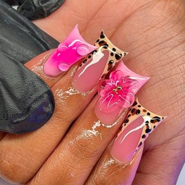 NBNTGH Leopard Print French Tip Press On Nails Pink Fake Nails Medium Duck False Nails with Design Flower Glossy Stick On Nails for Women Reusable Artificial Acrylic Full Cover Manicure 24Pcs