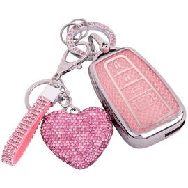 Meruns for Toyota key fob cover with Diamond Bling Keychain, Car Accessories Key holder Shell Full Protection for 2018-2024 Highlander RAV4 Camry Avalon C-HR Corolla GT86,Silver Pink