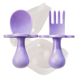 Grabease Baby and Toddler Self-Feeding Utensils – Spoon and Fork Set for Baby-Led Weaning – Made of Non-Toxic Plastic – Featuring Protective Barriers to Prevent Choking and Gagging