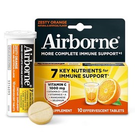 Airborne Immune Support Effervescent Tablets, Zesty Orange Flavor - 10ct with 1000mg Vitamin C + Vitamins A, D, E, Zinc, Selenium, Manganese & Herbal 