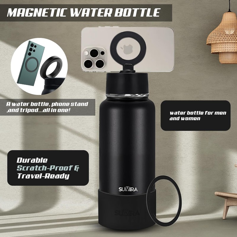 Suvira Stainless Steel Insulated Water Bottle & Magnetic Lid-Compatible with