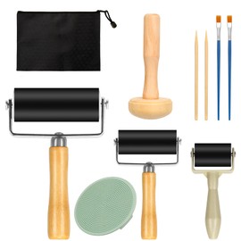 Dadabig Pack of 10 Rubber Brayer Rollers, Rubber Roller Paint Roller, Lino Printing Robust Pressure Roller, with 1 Mushroom Roller, 1 Marlene 2 Wooden Brushes, 2 Oil Brushes for Print Graphics, Crafts