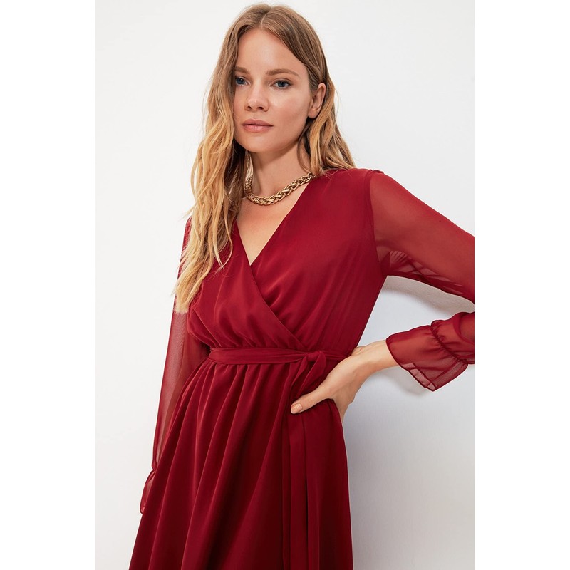 TRENDYOL Women's Midi Ruffle Hem Fitted Dress, burgundy