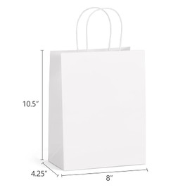 Eupako Paper Bags 8x4.25x10.5 100 PCS White Paper Gift Bags with Handles Bulk, Kraft Shopping Bags, Party Favor Bags, Merchandise Bags