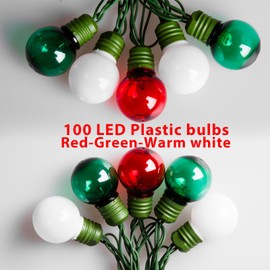 100 LED 50Ft Globe Christmas Lights Outdoor, Round G30 Christmas Small Balls Lights, Connectable Waterproof, for Patio Backyard Eaves Tree Porch, Indoor Outdoor (Red, Green, and White)