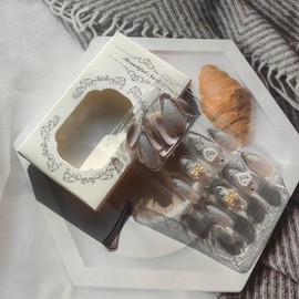 Brown Press on Nails French Tip Fake Nails with Glue Glossy White Glue on Nails Almond False Nails Valentine's Day Nails Press on Acrylic Nails Full Cover Glitter Heart Stick on Nails for DIY Nail Art