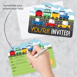 Big Dot of Happiness Cars, Trains, and Airplanes - Shaped Fill-In Invitations - Transportation Birthday Party Invitation Cards with Envelopes - Set of 12